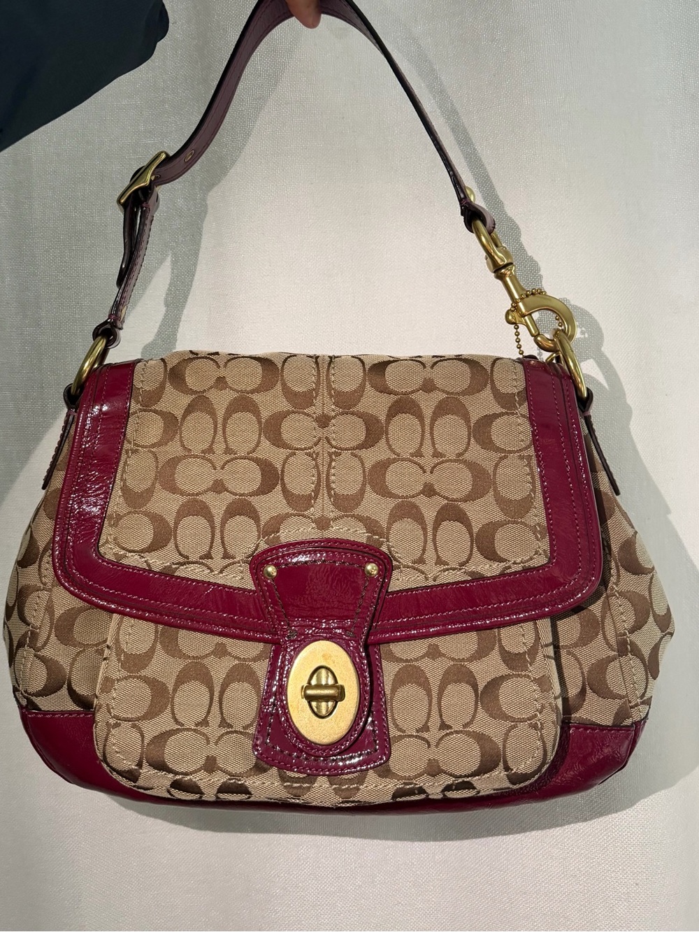 Vintage Coach Signature Canvas Ali Shoulder Bag with Burgundy Trim